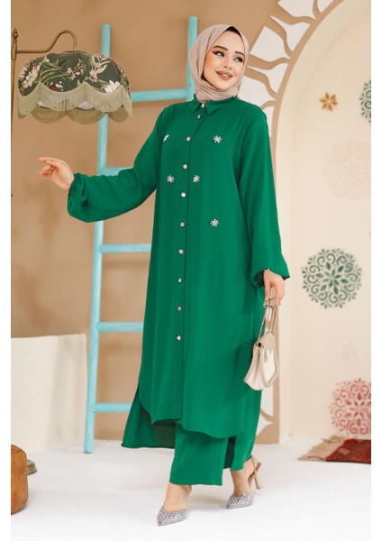 Boncuk Detaylı Zümrüt Yeşili Tesettür İkili Takım 12082ZY