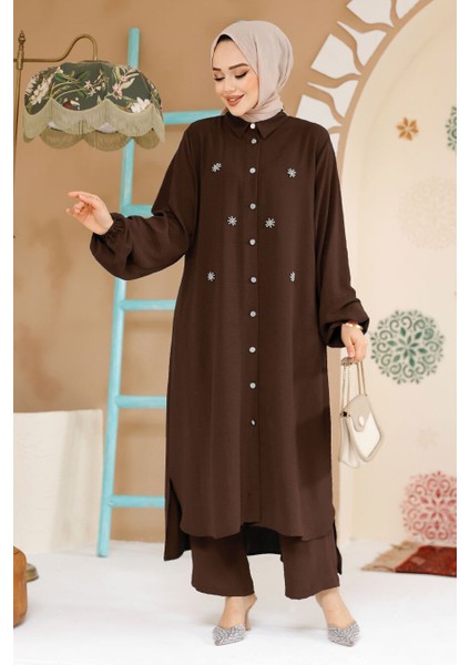 - Boncuk Detaylı Kahverengi Tesettür Ikili Takım 12082KH