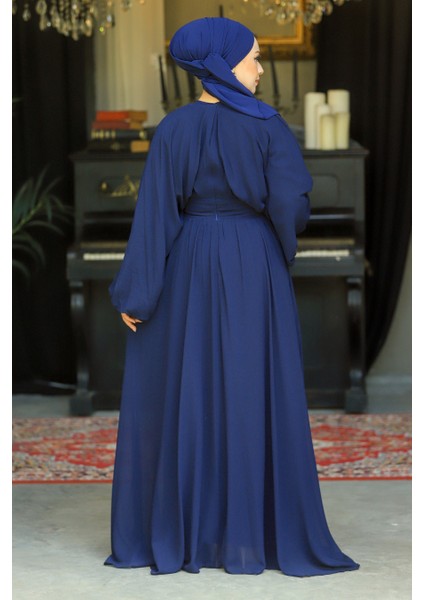 Tesettürlü Abiye Elbise - Balon Kol Lacivert Tesettür Abiye Elbise 60681L fırsatları
