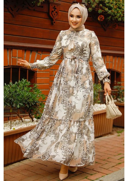 Desenli Bej Tesettür Elbise 33562BEJ