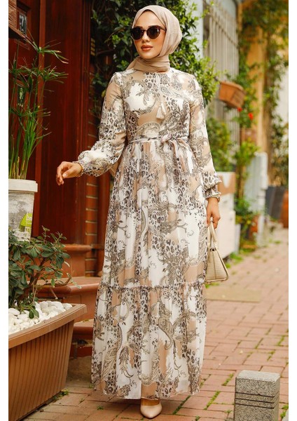 Desenli Bej Tesettür Elbise 33562BEJ fiyatları