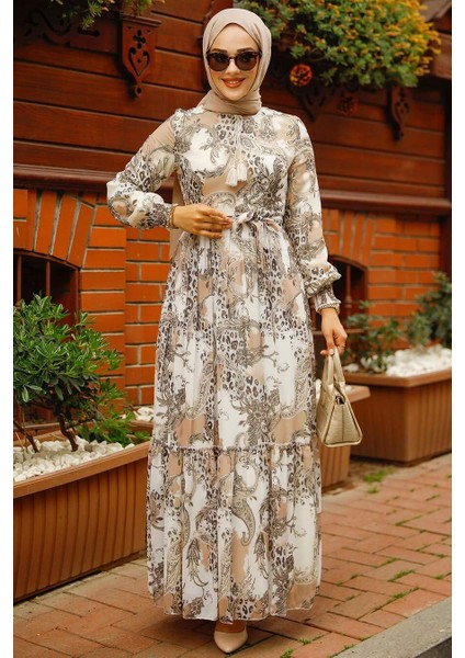 Desenli Bej Tesettür Elbise 33562BEJ modelleri