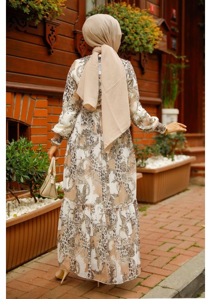 Desenli Bej Tesettür Elbise 33562BEJ fırsatları
