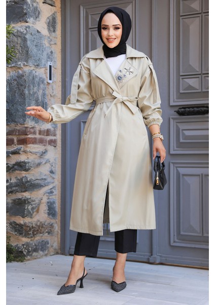 Boncuk Detaylı Açık Haki Tesettür Trençkot 639AHK fiyatları