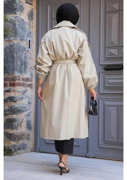 Boncuk Detaylı Açık Haki Tesettür Trençkot 639AHK modelleri