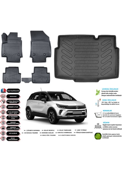 Opel Crossland 2023 Model Alt Esnek Bagaj Havuzu Araca Özel Siyah Paspas Takımı