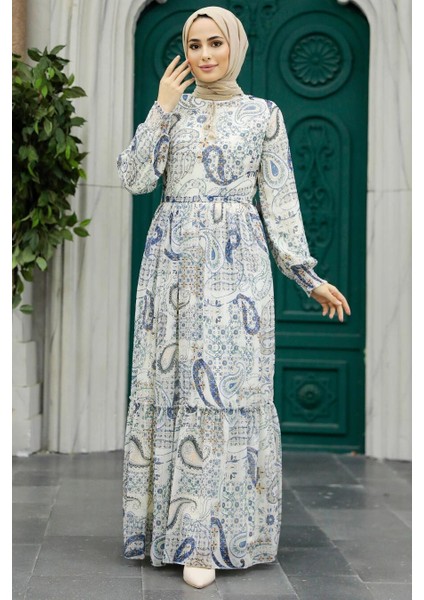 - Desenli Ekru Tesettür Elbise 33561E