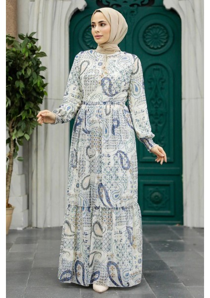 - Desenli Ekru Tesettür Elbise 33561E fiyatları