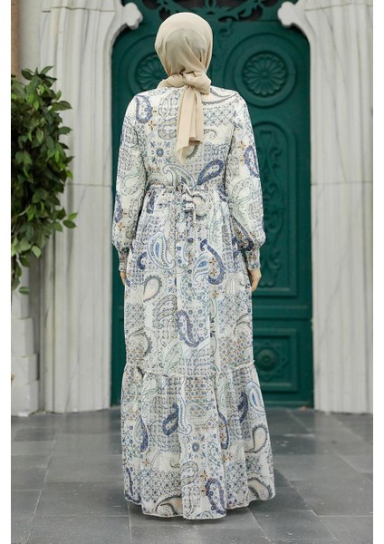 - Desenli Ekru Tesettür Elbise 33561E modelleri