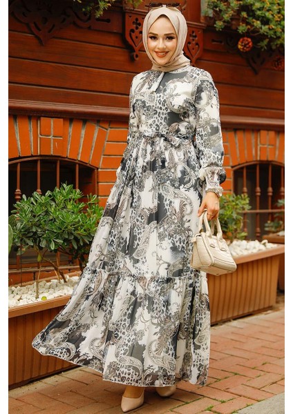 Desenli Siyah Tesettür Elbise 33562S