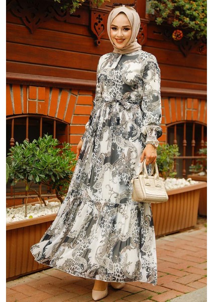 Desenli Siyah Tesettür Elbise 33562S modelleri