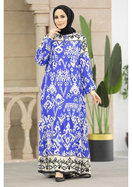 Desenli Sax Mavisi Tesettür Elbise 17510SX