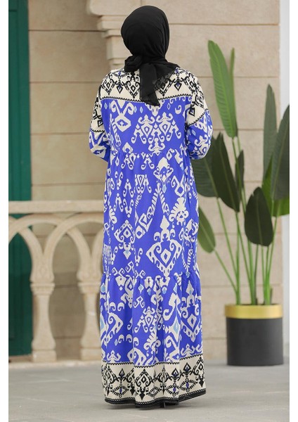 Desenli Sax Mavisi Tesettür Elbise 17510SX modelleri