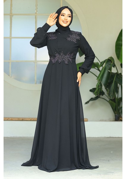 Boncuk Detaylı Siyah Tesettür Abiye Elbise 22113S fiyatları