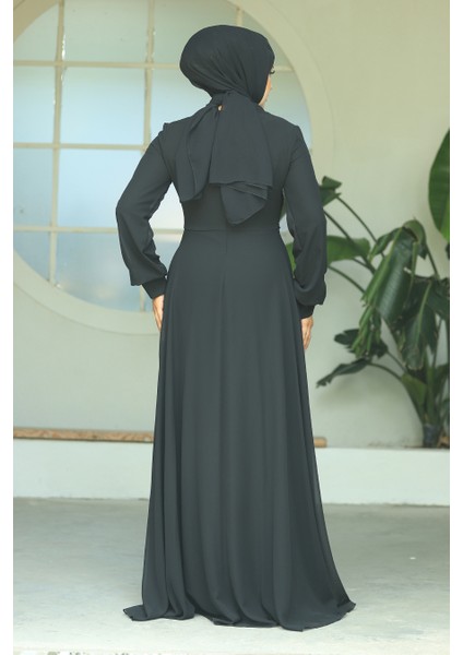 Boncuk Detaylı Siyah Tesettür Abiye Elbise 22113S modelleri