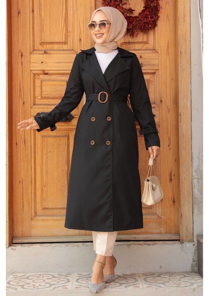 Tokalı Kemerli Siyah Tesettür Trençkot 5942S