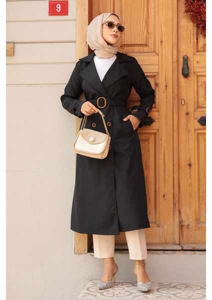 Tokalı Kemerli Siyah Tesettür Trençkot 5942S fiyatları