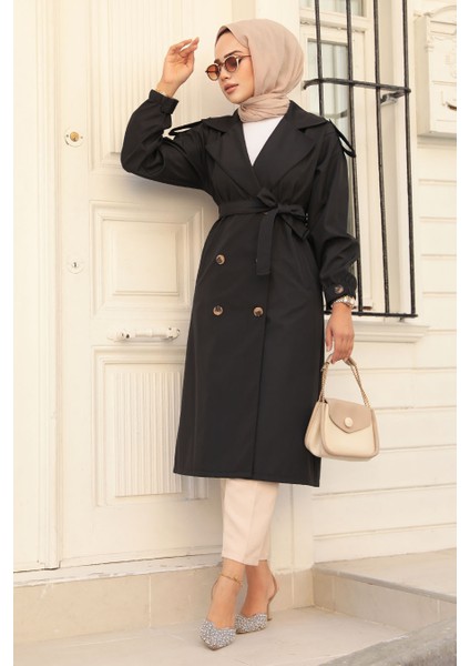 Düğmeli Siyah Tesettür Trençkot 647S