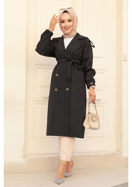 Düğmeli Siyah Tesettür Trençkot 647S fiyatları
