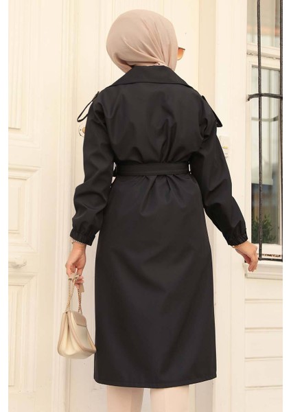 Düğmeli Siyah Tesettür Trençkot 647S modelleri
