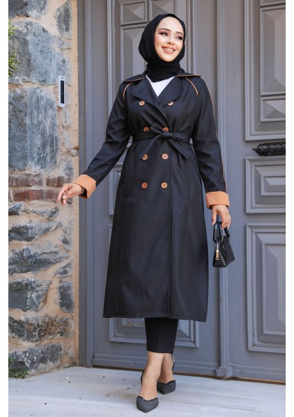 Düğmeli Siyah Tesettür Trençkot 5371S