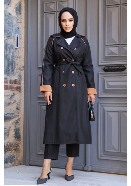 Düğmeli Siyah Tesettür Trençkot 5371S fiyatları