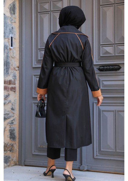 Düğmeli Siyah Tesettür Trençkot 5371S modelleri