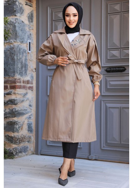 Boncuk Detaylı Vizon Tesettür Trençkot 639V