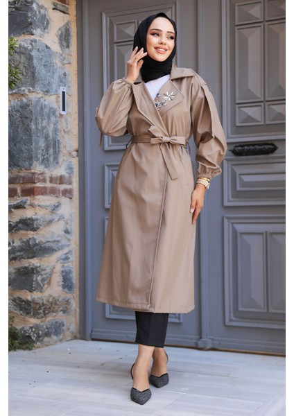 Boncuk Detaylı Vizon Tesettür Trençkot 639V fiyatları