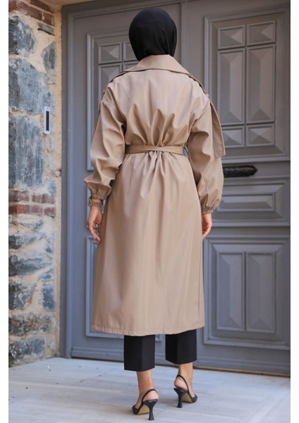 Boncuk Detaylı Vizon Tesettür Trençkot 639V modelleri