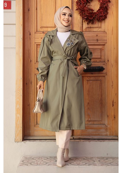 Boncuk Detaylı Haki Tesettür Trençkot 639HK