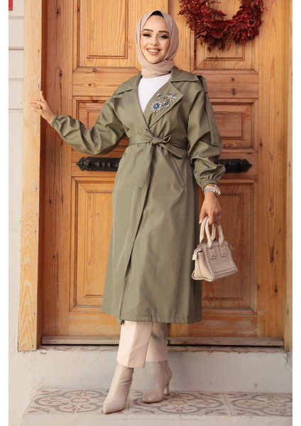 Boncuk Detaylı Haki Tesettür Trençkot 639HK fiyatları