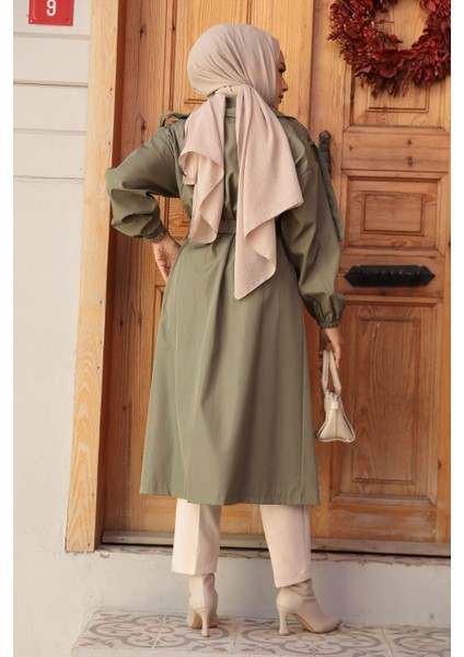 Boncuk Detaylı Haki Tesettür Trençkot 639HK modelleri