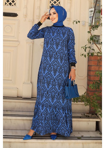 Desenli Sax Mavisi Tesettür Elbise 2297SX