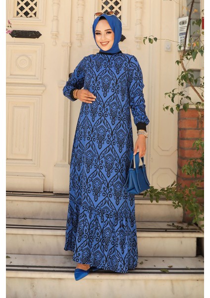 Desenli Sax Mavisi Tesettür Elbise 2297SX fiyatları
