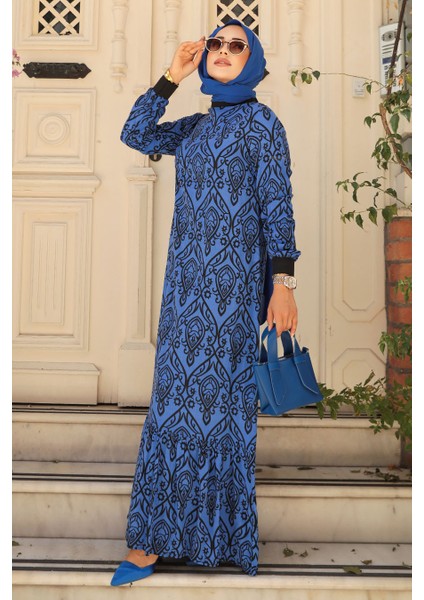 Desenli Sax Mavisi Tesettür Elbise 2297SX modelleri