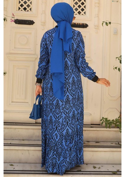Desenli Sax Mavisi Tesettür Elbise 2297SX fırsatları