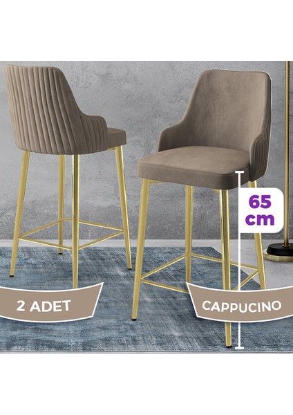 Tera Serisi 2 AdetCappucino Babyface Kumaş 65 cm Gold Kaplama Ayaklı Bar Sandalyesi