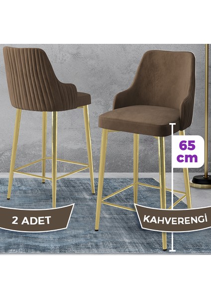 Tera Serisi 2 Adet Kahve Babyface Kumaş 65 cm Gold Kaplama Ayaklı Bar Sandalyesi