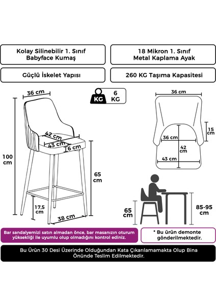 Tera Serisi 2 Adet Kahve Babyface Kumaş 65 cm Gold Kaplama Ayaklı Bar Sandalyesi modelleri