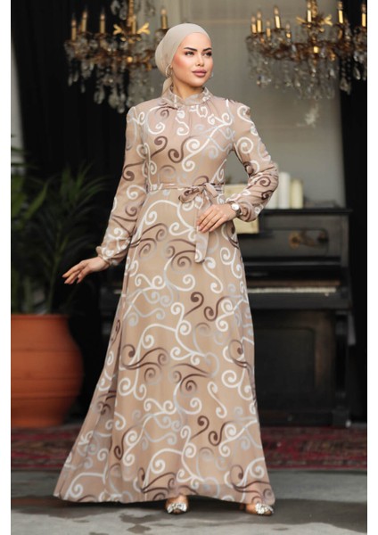 Çiçek Desenli Bisküvi Tesettür Elbise 279329BS