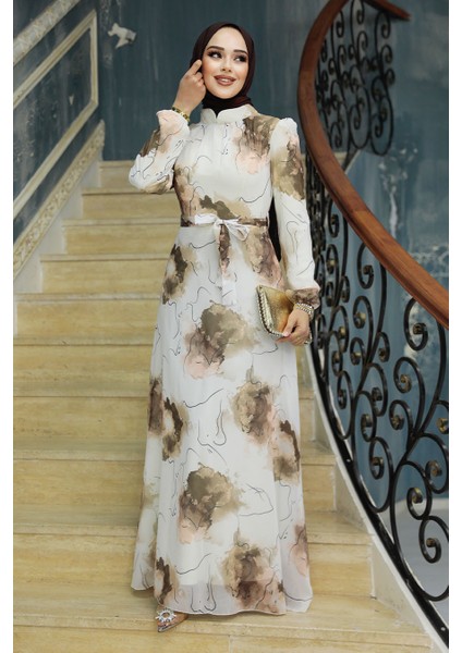 - Çiçek Desenli Ekru Tesettür Elbise 279324E