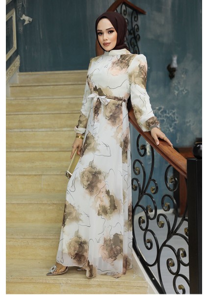 - Çiçek Desenli Ekru Tesettür Elbise 279324E fiyatları