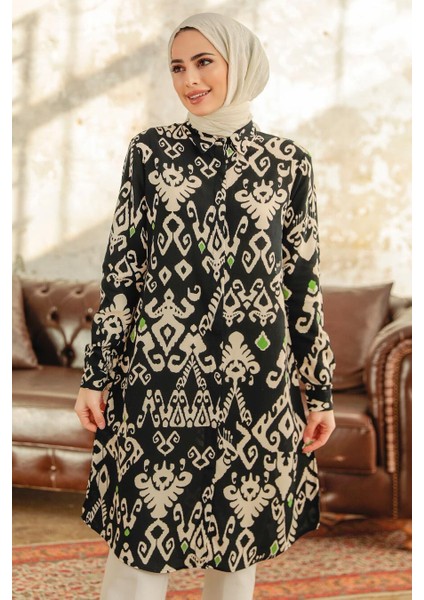 - Desenli Siyah Tesettür Viskon Tunik 11627S