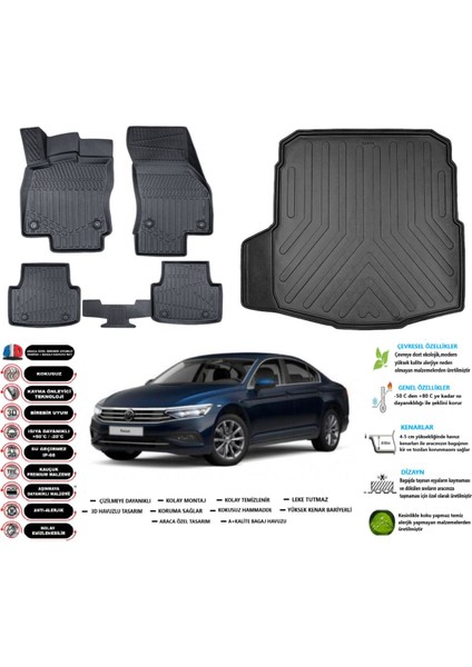 Volkswagen Passat B8 Impression 2020 Model Esnek Bagaj Havuzu Araca Özel Siyah Paspas Takımı
