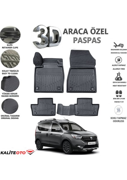 Dacia Dokker 2012 ve Sonrası Tam Uyumlu Kokusuz 3D Havuzlu Paspas