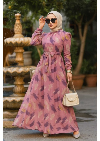 - Desenli Mor Tesettür Elbise 27930MOR