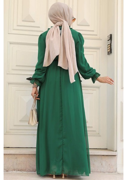 - Kemerli Yeşil Tesettür Elbise 2971Y modelleri