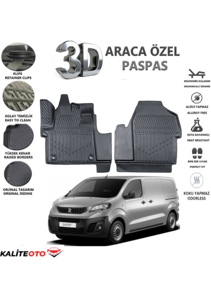 Peugeot Expert Panelvan 2020 Model Tam Uyumlu Kokusuz 3D Havuzlu Paspas