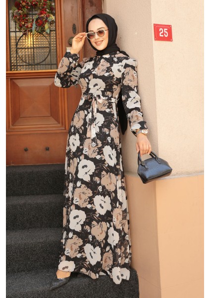 - Çiçek Desenli Siyah Tesettür Elbise 27939S